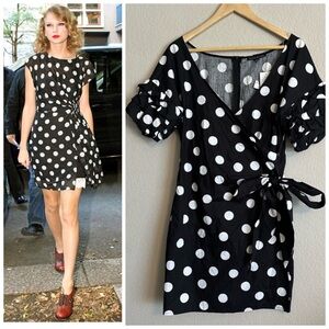 Haute Monde Black & White Polka Dot Wrap Mini Dress – Puff Sleeves, Retro Chic